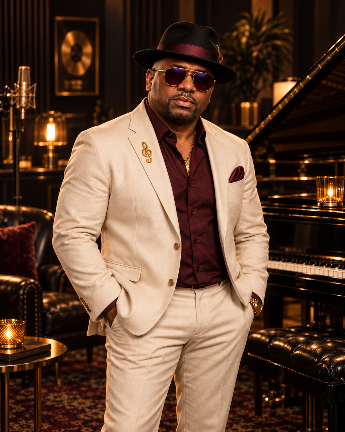 Poetic Pacasso in a cream suit and burgundy shirt in a warmly lit music studio